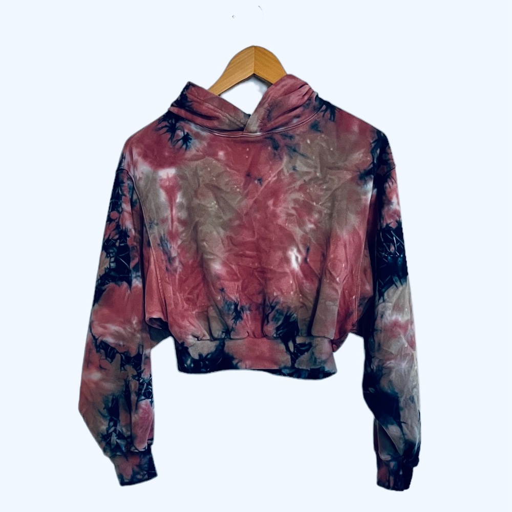 LEA & VIOLA Cropped Tie Dye Cozy Hoodie in Pink Navy Blue Tan Abstract S…